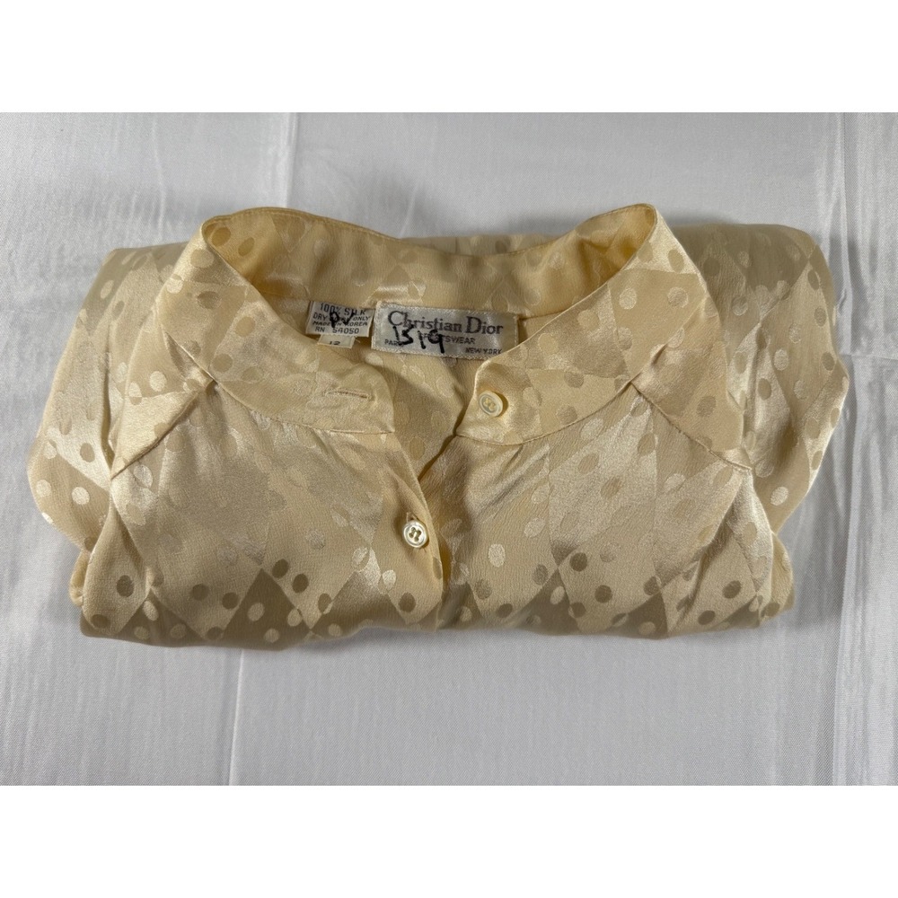 80s Vintage Christian Dior Sportswear Silk Blouse Cream Polka Dot Diamond